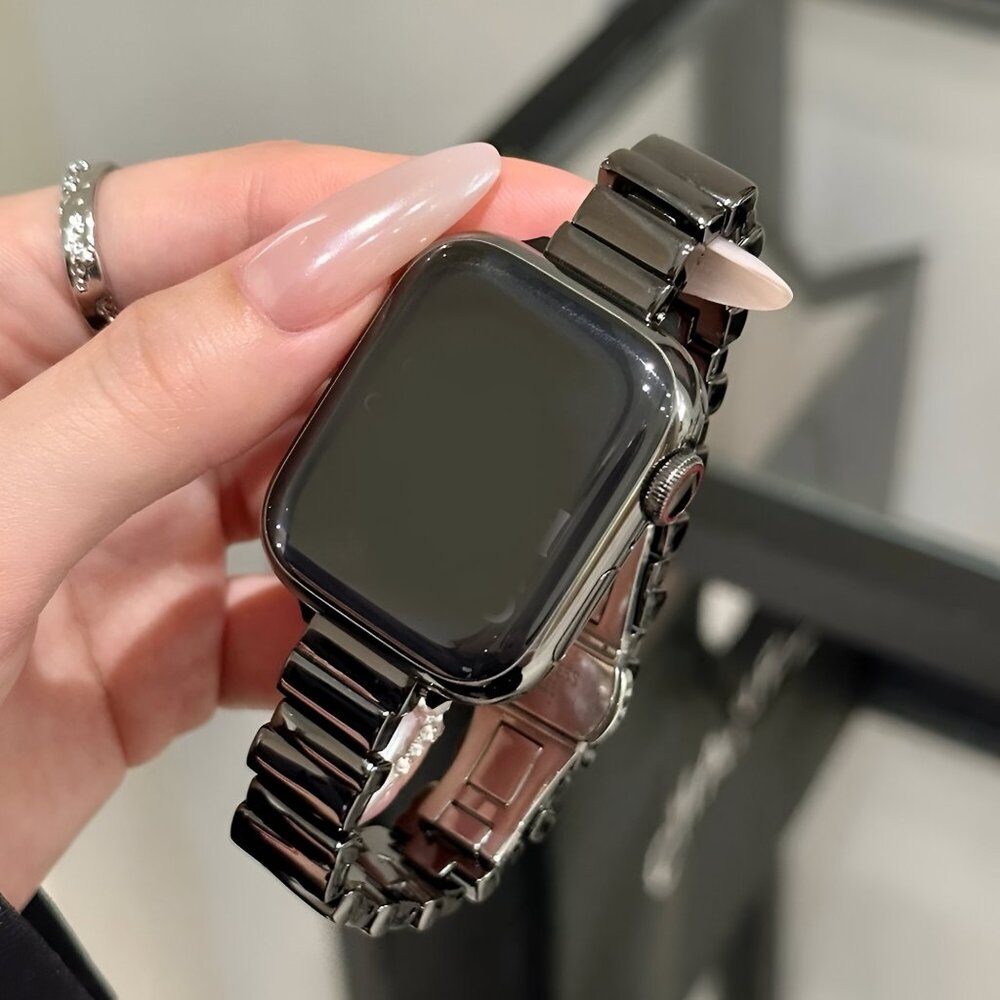 Apple Watch Band Stylish Adjustable Slim Strap Silver Stainless Band - Black